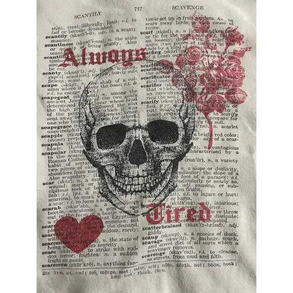 Crewneck Sweatshirt Womens Size Medium Off-White Always Tired Skull Graphic - Picture 2 of 3
